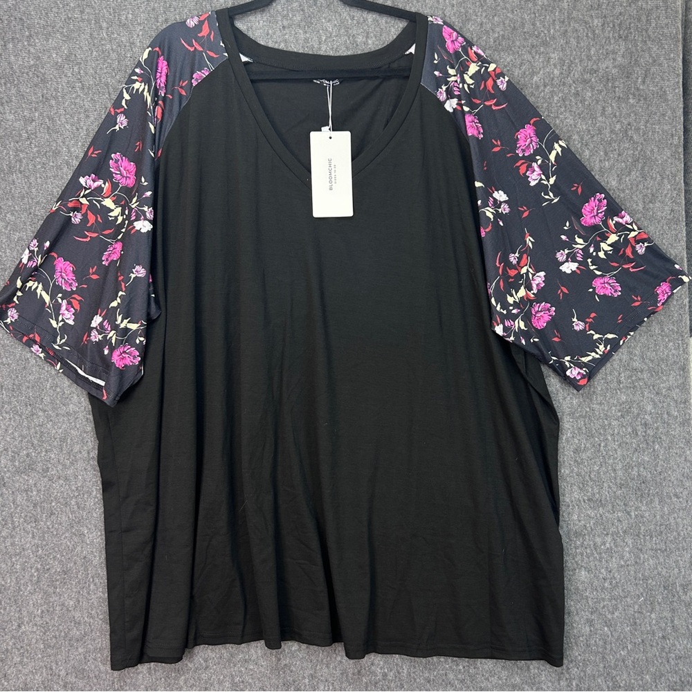BloomChic Shirt Womens 30 Plus Size Black Floral Kimono Sleeve V-Neck Tunic